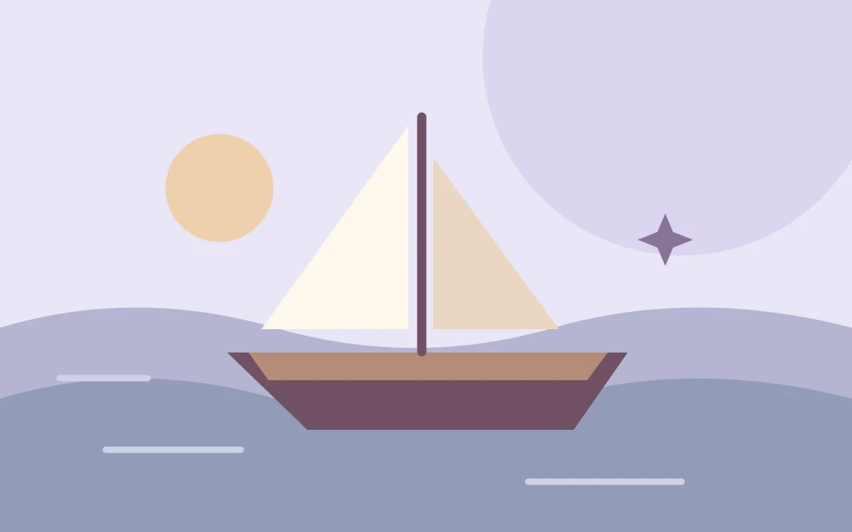An illustrated sailing boat on a calm lake beneath the sun